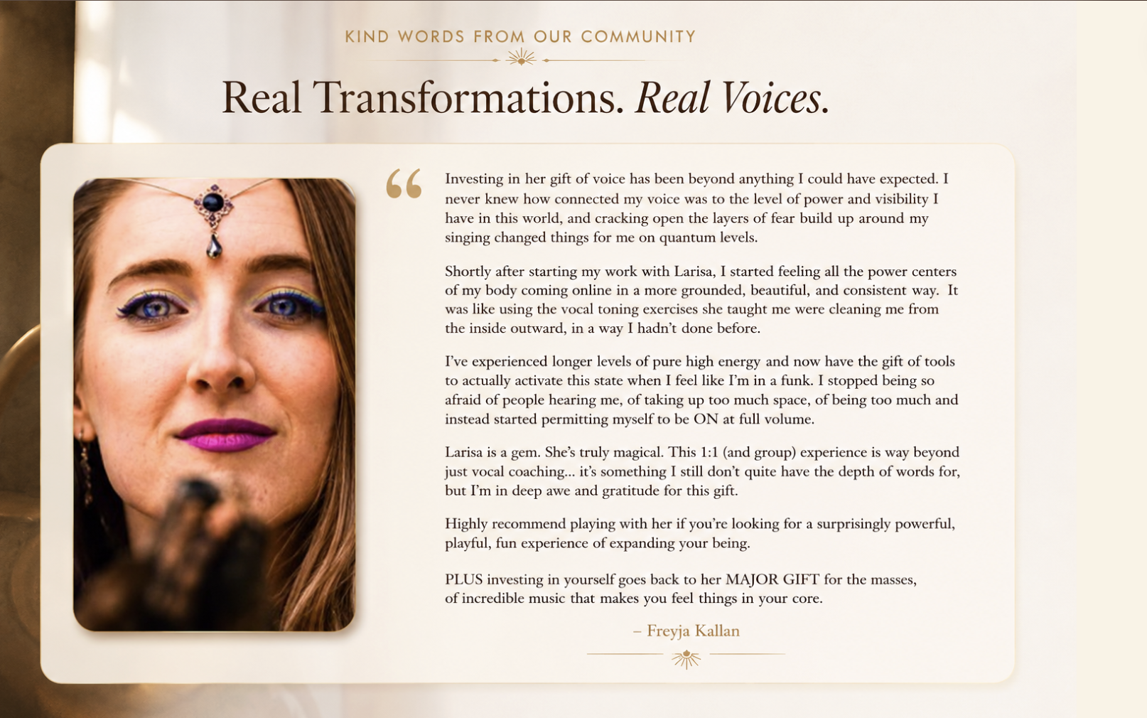 Freyja Kallan testimonial about her transformation through Larisa’s vocal mentorship